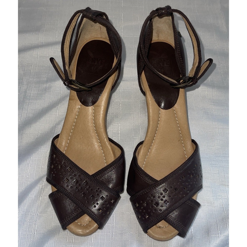 New FRYE Wanda Ankle Strap Sandals 8.5 M Brown Wedge Heel Leather Boho Hippie